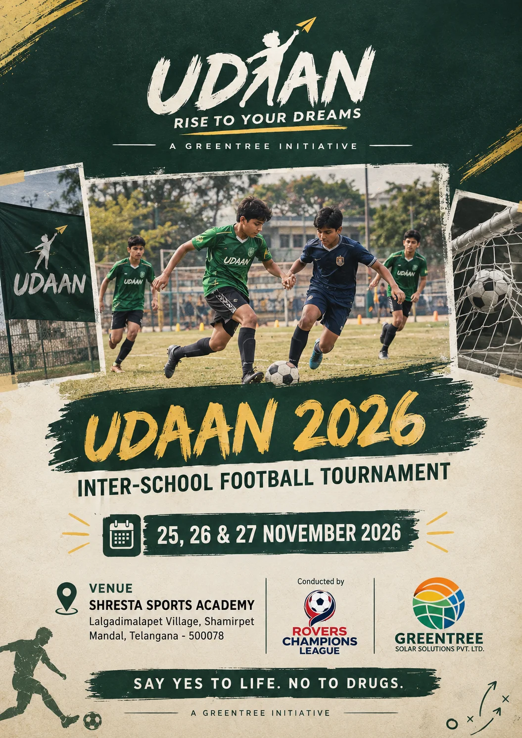 UDAAN 2026 Inter-School Football Tournament — 25, 26 and 27 November 2026 at Shresta Sports Academy, Shamirpet