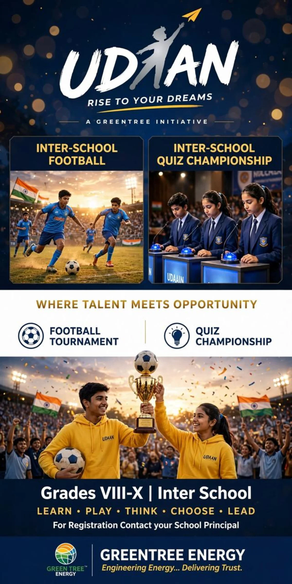 UDAAN 2026 poster — inter-school football and quiz championship